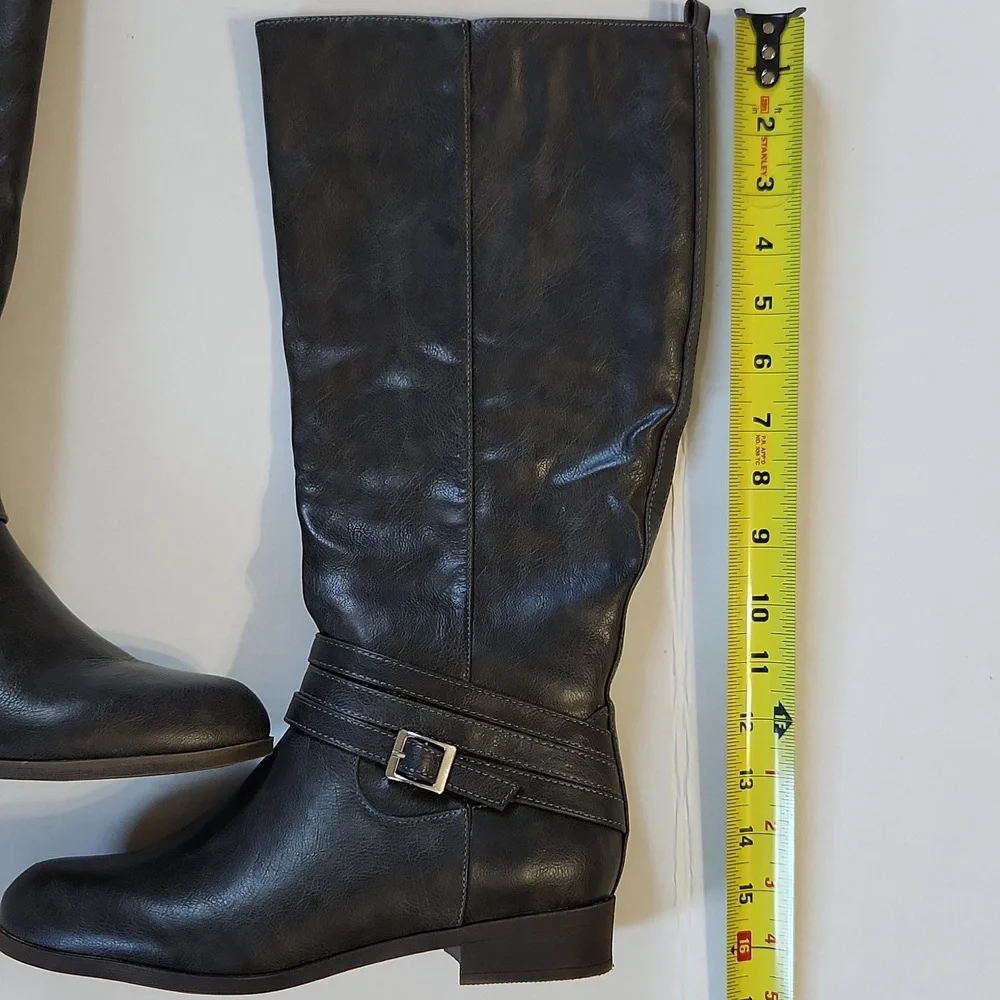 Dark Gray ManMade Leather Tall Flat Sole Zipper Boots-7.5